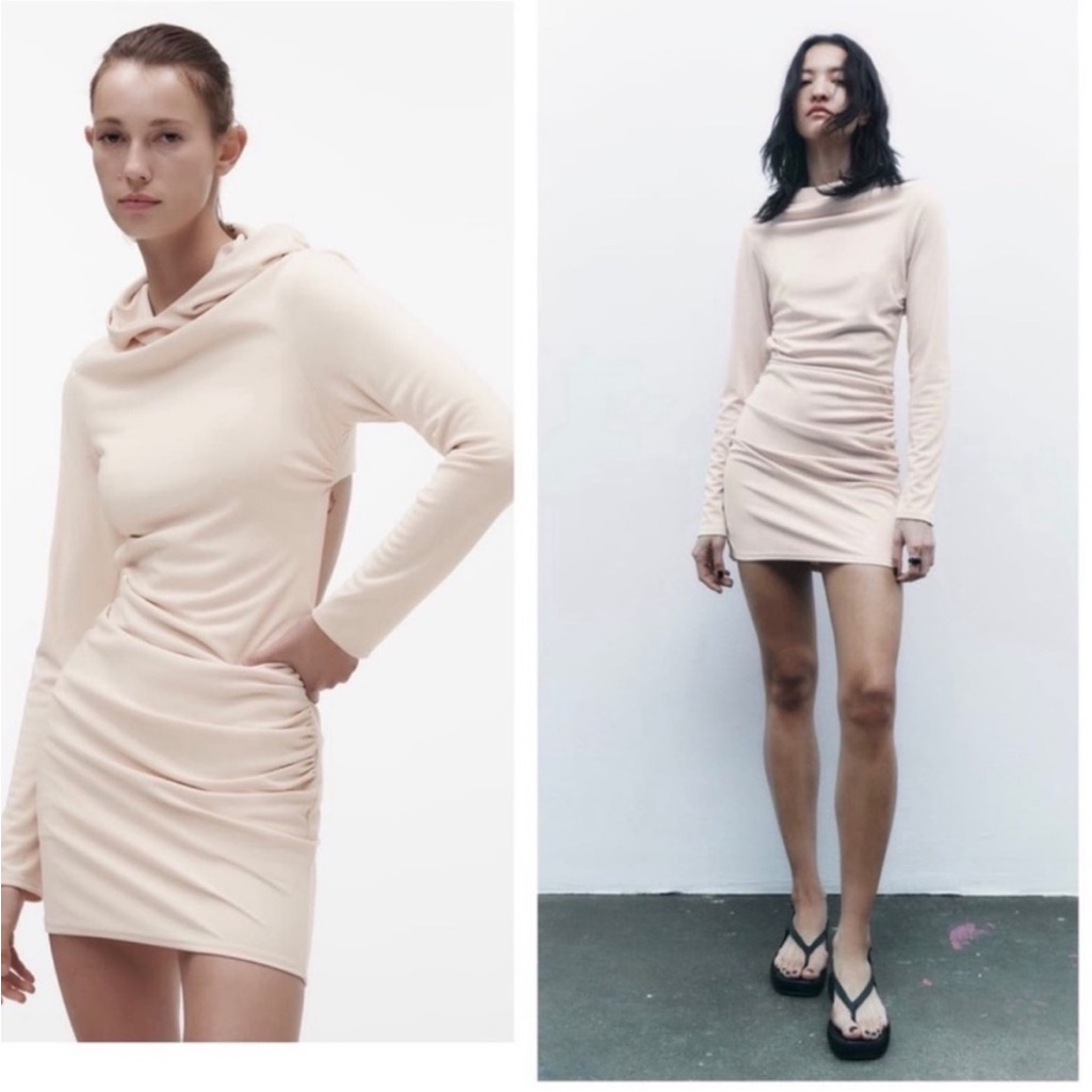 Zara Open Back Hooded Dress Cream Long Sleeve Dress